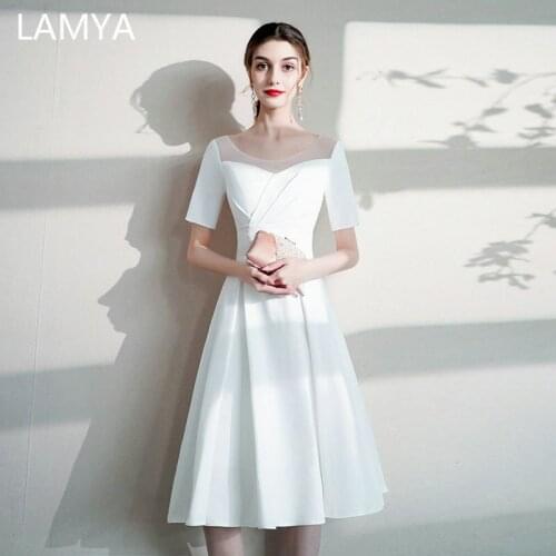 LAMYA Plus Size Simple Satin Prom Dress With Sleeve Women Wedding Evening Dress White vestido de festa Appliques Fromal Gown