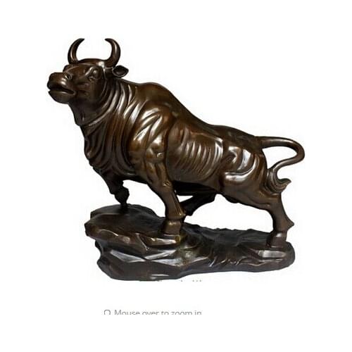 Copper Brass CHINESE crafts decor ation Asian Large Size BRASS Coffee Color Wall Street Bull OX on Mountain Statue 9"