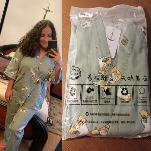 New 2PCS Japanese Lover Clothing Set Kawaii Printed Kimono Yukata Cotton Steaming Wear Pajamas Man Woman Bathrobe Nightgown 2021