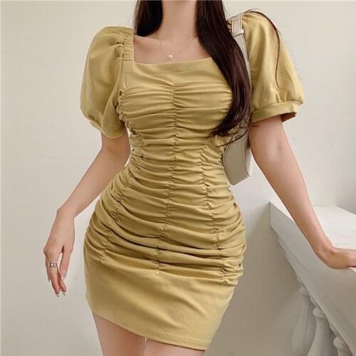 Square Collar Pleated Sexy Dresses Summer 2021 Short Sleeve Mini Dress Yellow Black Party Dress Elastic Clothing Sukienki 14573