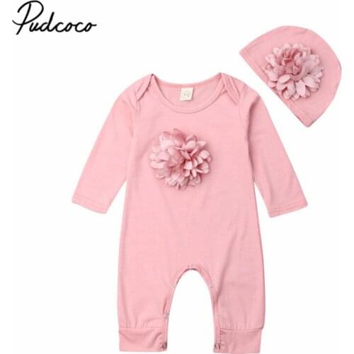 Pudcoco 2020 Spring Toddler Baby Girl Clothes Sets Long Sleeve Baby Rompers Pink Floral Jumpsuit Baby Bodysuit Hat 0-18M