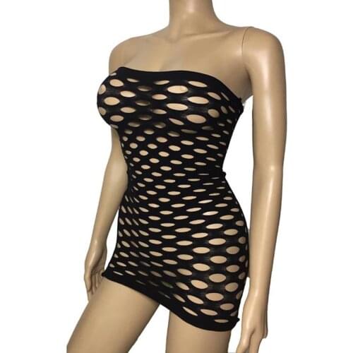 Sexy Lingerie Women Slashed Boob Tube Short Mini Dress Jumbo Net Strapless Bodycon Skinny Seamless Mesh Fishnet Bodysuit