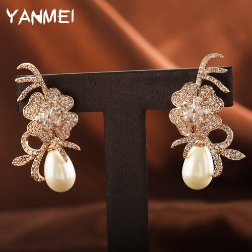 Clover Pearl Elegant Earrings Luxury Exaggerated Dense Inlaid Earrings Branch Flowers Jewelry Banquet бижутерия для женщин