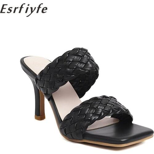 ESRFIYFE 2021 New Women Slippers Leather Weaving High Heel Slippers Flip Flops Square Toe Slides Party Shoes Woman Large Size 15