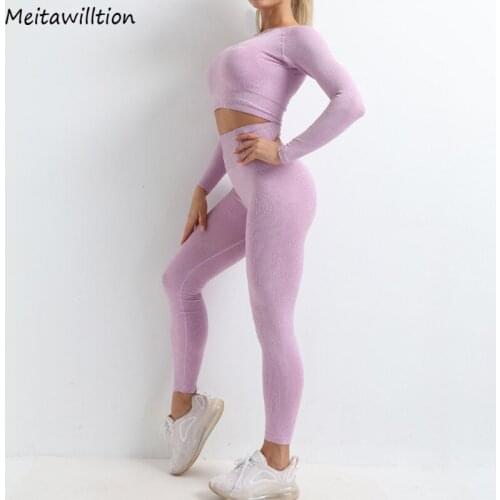 Women Sportswear 2 Piece Sets Fitness Long Sleeve Crop Top Sport Bra + High Waist Leggings Suit 2021 Casual Yoga Set