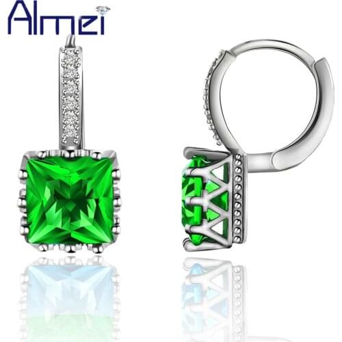 Almei 15%Off Cute Fashion Silver Color Square Earrings For Women Brincos Green Blue Crystal Colorful Jewerly Stud Earing BME169