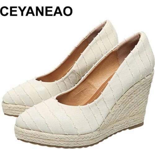 CEYANEAOWomens Wedge Sandals 2021Spring and Autumn New Style Shallow Mouth High Thick-heeled Platform Shoes Womens Straw Woven