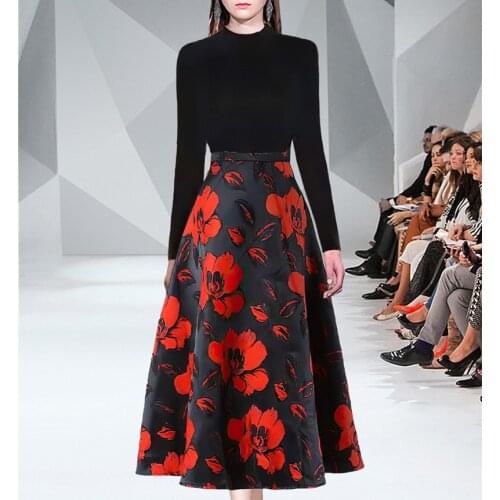 Women High-End Two Piece Set Black Simple Knitting Sweater Top+Vintage Flower Printing Midi Skirt Autumn Designer 2 Piece Suit