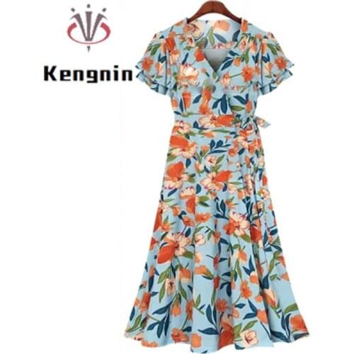 European Chic 2021 Summer Dress Women Oversized Loose Vestidos Print Floral Sashes Bow Office Lady Work Robe Dresses KE1196