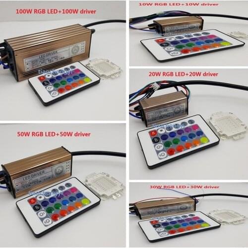 1 Set 10W 20W 50W 100W RGB LED Chip Light Lamp and RGB LED Driver and 24 Key RGB Remote
