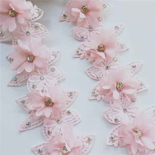 10X Pink Chiffon Flowers Rhinestone Embroidered Lace Trim Ribbon Applique Sewing Craft Fabric For Costume Hat Shoes Decoration