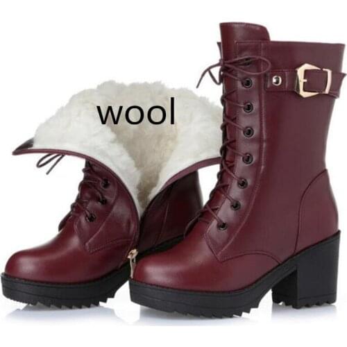2021 Winter Warm Comfort Genuine Leather Boots Inside Wool or Plush Snow Boots Thick Bottom High-heeled Boots Women Martin Boots