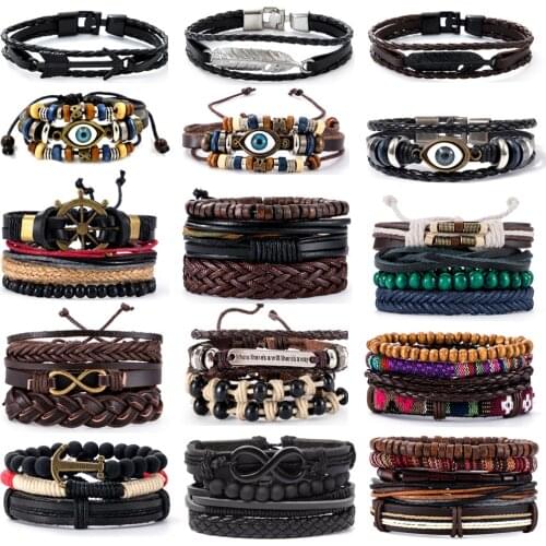 40 Style Metal Leather Bracelets Men Jewelry Vintage Evil Eye Plant Charm Bracelet Bangles Homme Male Jewellry Dropshipping