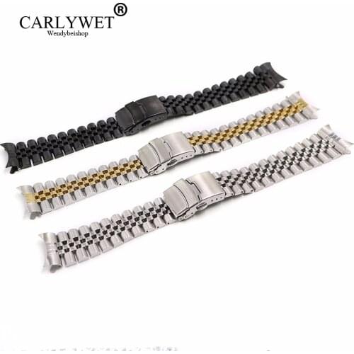 CARLYWET 22mm Hollow Curved End Solid Screw Links Stainless Steel Watch Band Strap Old Style Jubilee Bracelet Double Push Clasp