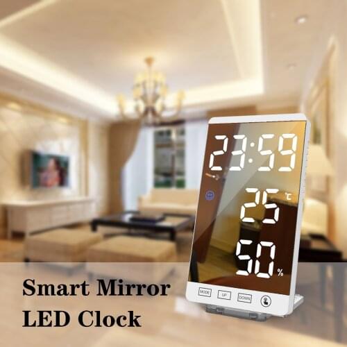 Digital Clock Time Smart Electronic Led-Mirror Temperature-Humidity-Display USB Touch-Button-Wall