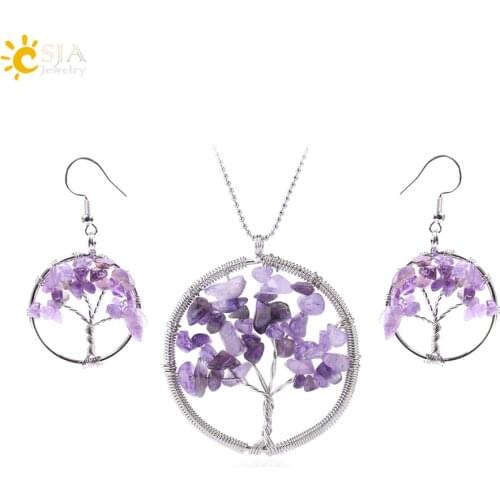 CSJA Reiki Jewelry Sets Tree of Life Natural Gem Stone Chips Onyx Opal Quartz Rock Crystal Drop Earrings Necklaces Healing E569