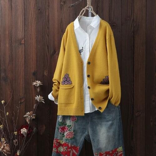 Cardigan Coats Women Autumn Loose Casual Sweater New 2021 Korean Style Vintage V-Neck Floral Female Knitted Spring Outerwear