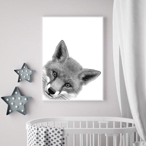 CUTE PEEKABOO FOX Drawing Canvas Art Poster Prints Animal Peekaboo Fox Black White Wall Art Picture Painting Nursery Wall Decor