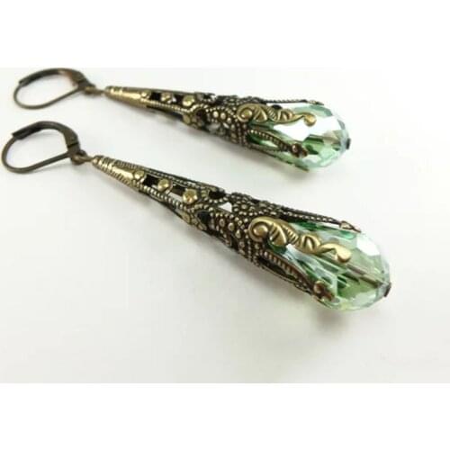 Classic Vintage Green Stone Earring for Women Accessories Ethnic Pattern Pierced Dangle Earrings Party Jewelry Tassel Earrings