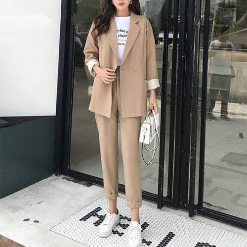 Comelsexy New 2020 Autumn Winter Khaki Women Pant Suits Double Breasted Pocket Notched Blazer & Pant Office Wear Suit Female Set