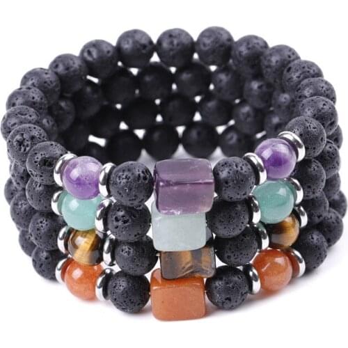 Square Seven Chakras Stone Charm Bracelet Women Men 8mm Lava Beads Essential Oil Diffuse Energy Buddha Strench Bracelet Jewelry