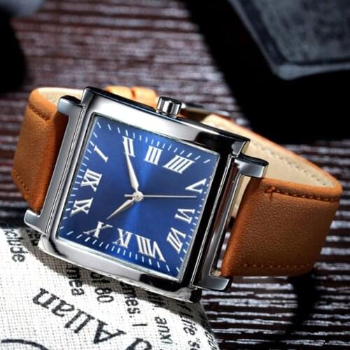 Fashion Men Square Dial Roman Numeral Faux Leather Strap Analog Quartz Watch