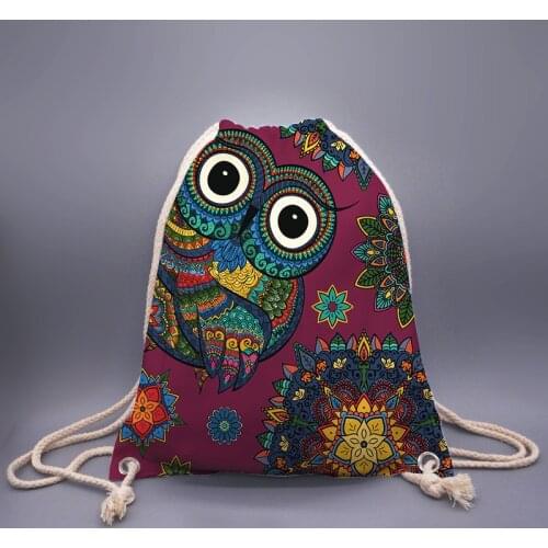 3D Print fashion owl Canvas Men Women Cartoon Drawstring Bag Large Capacity Gym Yoga Backpack Gift for Boys Girls