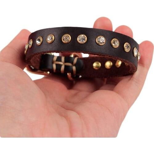 Small Dog Collar Boutique Real Leather Puppy Pet Collar Leads Luxury Crystal Diamond Kitten Doggy Necklace Adjustable 24-28cm