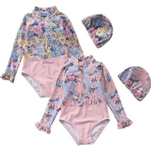 Pink Floral Baby Swimwear Long Sleeve Girls Swimsuit One Piece Children Swimwear Toddler Bathing Suit Beachwear Sun Protection