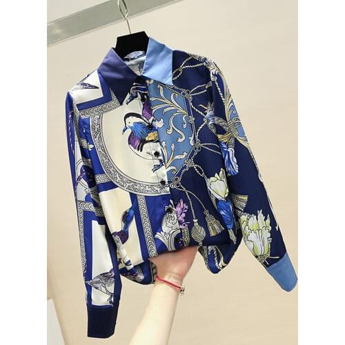 Spring Autumn Womens Printed Shirt Korean Retro Contrast Shirt Female Office Lady Turn-down Collar Long-sleeved Shirt GD488