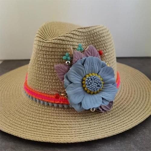 Summer Straw sun hat Flower Leather Tasse Jazz women chapeau femme Fedora Summer elope Beach Sun Straw Panama Hat Beach hat