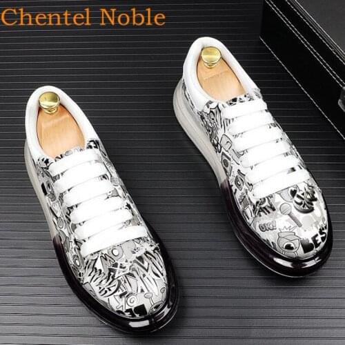 2020 Brand Chentel Noble Leather Men Casual Shoes Party Shoes Men wo Graffiti fashion Flats bottom Sneakers Lace-Up White Black