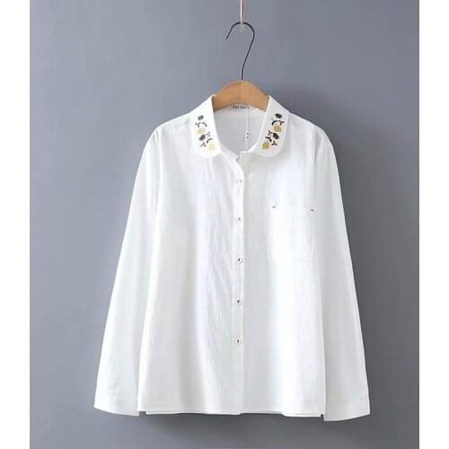 Plus Size XL-4XL Womens Long Sleeved Spring Summer Blouse White Ladies' Officewear Blusas Solid Embroidery Tops