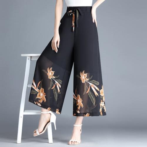 Women Pants Waist Strap 2021 Summer High Elastic Waisted Wide Leg Pants Casual Chiffon Print Skirts Trousers Plus Size 4XL W2358