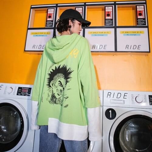 2021 Spring Fashion Women Green Street Style Sweatshirt With Hooded Long Sleeve Loose Patchwork Fake Two Piece Pullover