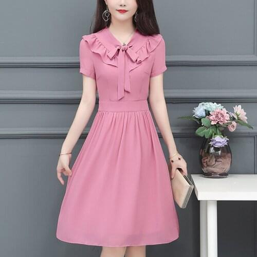 Chiffon Summer Elegant Bow Short Sleeve V-Neck A-Line Slim Waist Simple Solid Color Sky Blue Pink Red Women Coctail Dress 9455