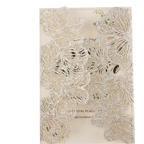 1pcs sample hollow Laser Cut Flower silver glitter wedding invitation cards with Embossed Wholesale greeting pocket invite cover