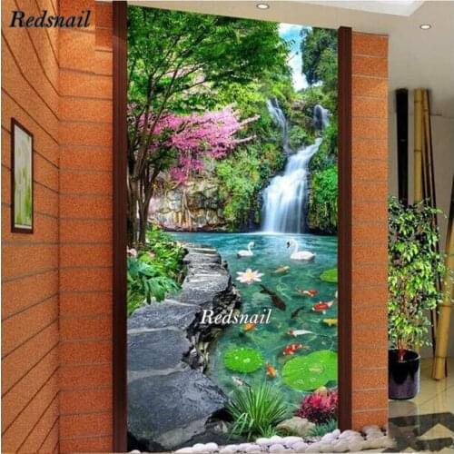 Large Full 5D Diy Diamond Painting Cross-stitch Koi fish lotus waterfall 3D Mosaic Rhinestones Embroidery christmas gift EE385