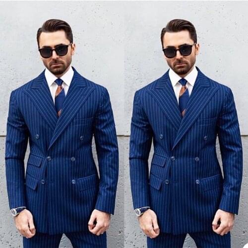 Double Breasted Blue Striped Mens Customized Wedding Tuxedos Groom Wear Dinner Prom Party Blazer (Jacket+ Pants)