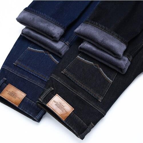 Winter New Mens Slim Straight Jeans Fashion Business Casual Plus Velvet Thick Denim Trousers Stretch Brand Pants Blue Black 42