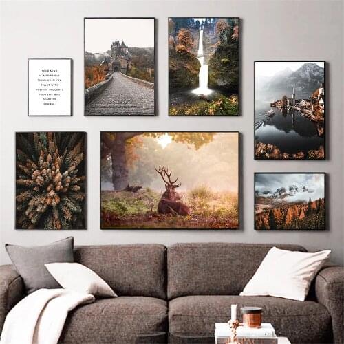 Mountain Lake Canvas Poster Nordic Forest Deer Sunshine Nature Landscape Art Print Painting Scandinavian Picture Room Decoration