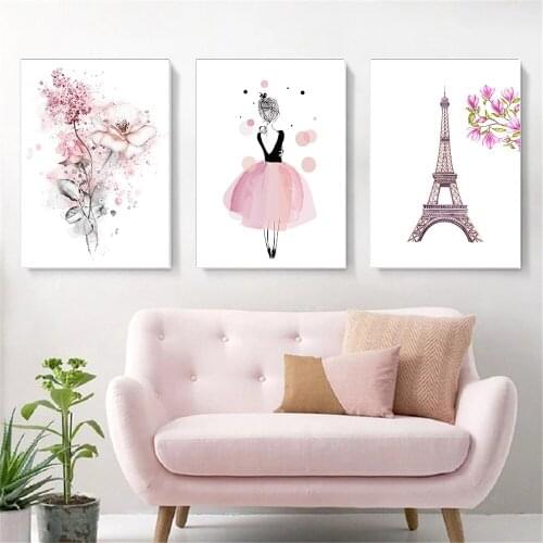 Nursery Pink Princess Girl Flower Canvas Painting Eiffel Tower Poster And Print Nordic Wall Art Picture Baby Kid Room Home Decor