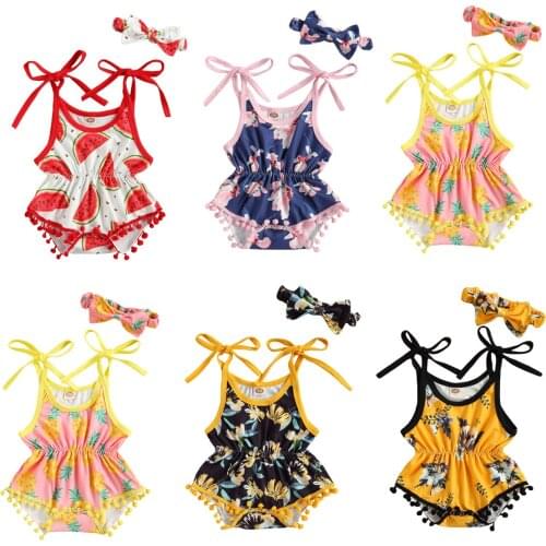 2Pcs Summer Baby Girls Clothes Jumpsuit Outfits Toddlers Creative Fruit/Floral Print Plush Ball Suspender Romper + Bow Headwear