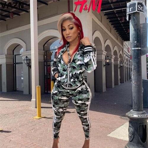 VAZN 2020 New Women Set Tracksuit Full Sleeve Zippers Hooded Punk Style Camouflage Pants Suit Two Piece Set Office Lady Outfits