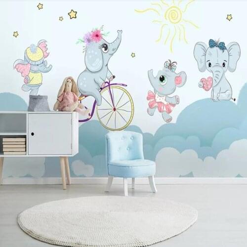 Milofi Custom 3D Wallpaper Mural Cute Cartoon Elephant Riding Bike Pink Clouds Children Background Wall Decoration Painting