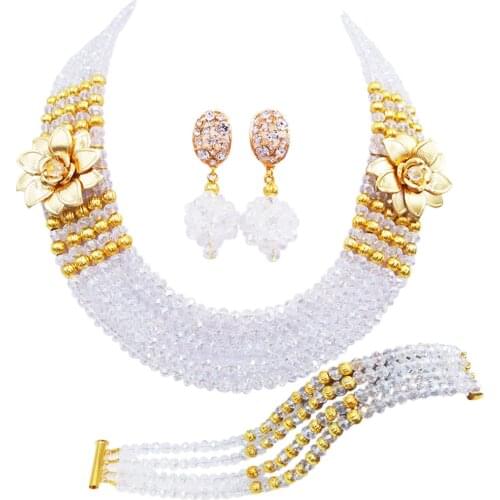 Fashion Transparent Clear Crystal Beaded Multi Strands Necklaces Sets Nigerian Wedding African Beads Jewelry Set 5-XSH17