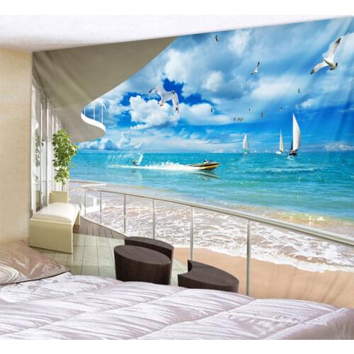 Sea View From Balcony Psychedelic Tapestry Boho Mandala Wall Hanging Royal Blue Hippie Wall Tapestry Home Decor Mint Yoga Mat