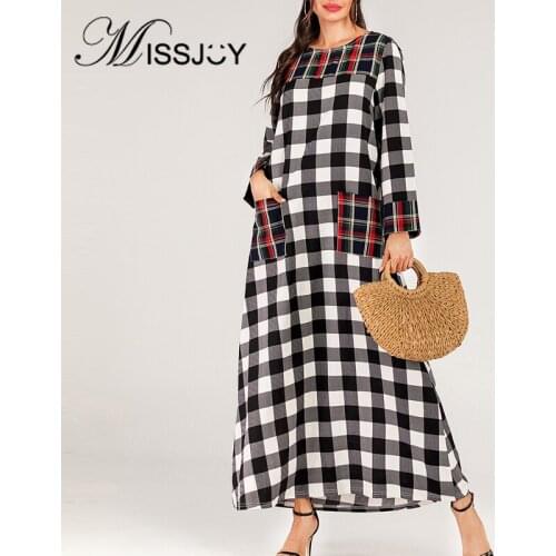 MISSJOY Casual Loose Patchwork Abaya Muslim Women Dress 2019 Plaid Printed With Pocket Fashion Pakistani Turkish Clothing Female