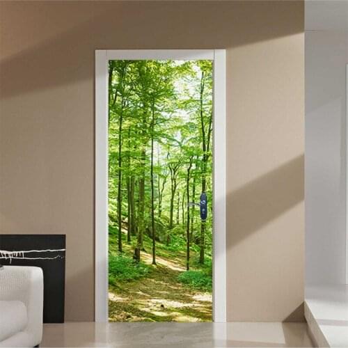 PVC Door Sticker 3D Verdant Grove Wallpaper Home Mural Decals Living Room Bedroom Self-Adhesive Door Decoration Poster