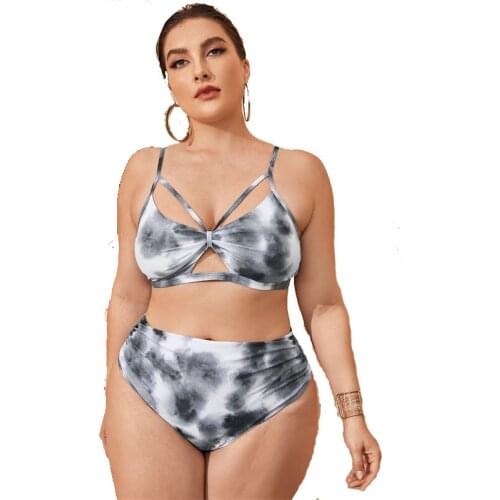 Plus Size Bikini Suit 2021 High Waist Cross Lace Bandage Printing Padded Bra Bikini Split Body Swimsuit Beachwear L-4XL
